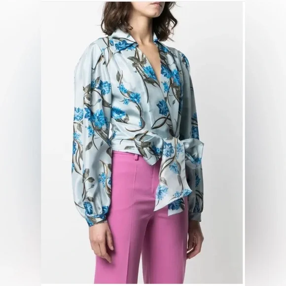 Alberta Ferretti White and Blue Wrap Blouse with Notched Collar